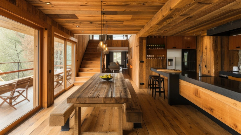 rumah nuansa klasik kayu dengan pintu sliding kayu